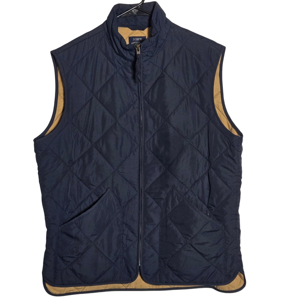 J Crew Mens Quilted Walker Vest Medium Navy Full Zip Jacket Preppy Outdoor Gorp